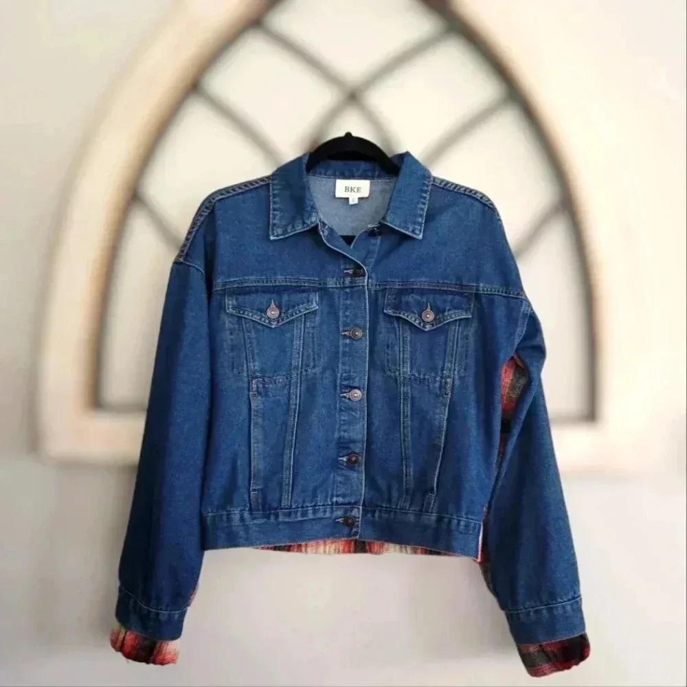 BKE Buckle Brushed Wool Blend Plaid Denim Jacket Sz S